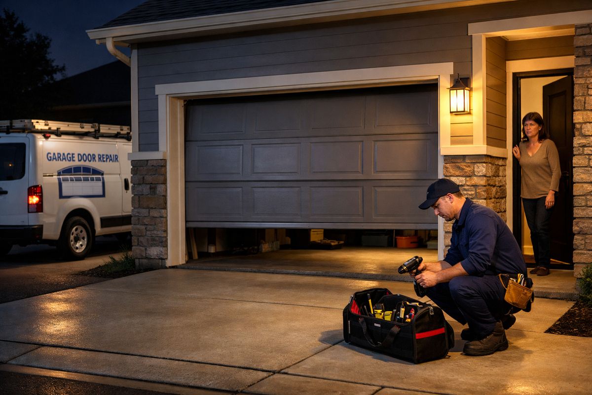 A nighttime residential driveway with a garage door stuck partially open, a repair truck parked at the curb, and warm porch lights showing a homeowner looking out while the technician prepares tools near the door
