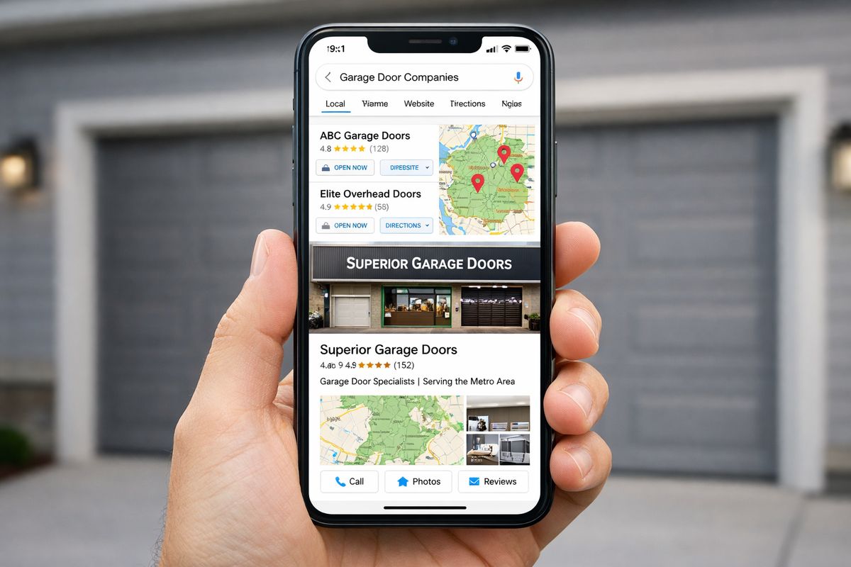 A smartphone held in front of a garage showing a local map search result page alongside a business profile panel, with the garage door company’s storefront photo, star ratings, service area coverage, and recent customer review thumbnails visible on the screen