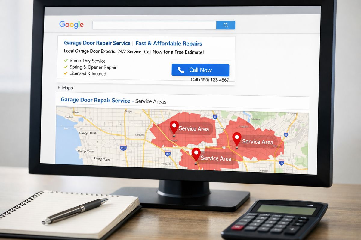 A close-up of a desktop monitor showing paid search ad listings above map results, with a garage door repair company ad, a call button, and service-area targeting markers on a map next to a notepad and a calculator on the desk