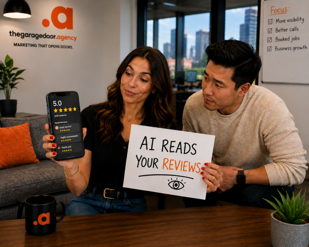 Two marketers holding a sign that says AI reads your reviews, next to a phone showing a 5.0 star rating for a garage door company