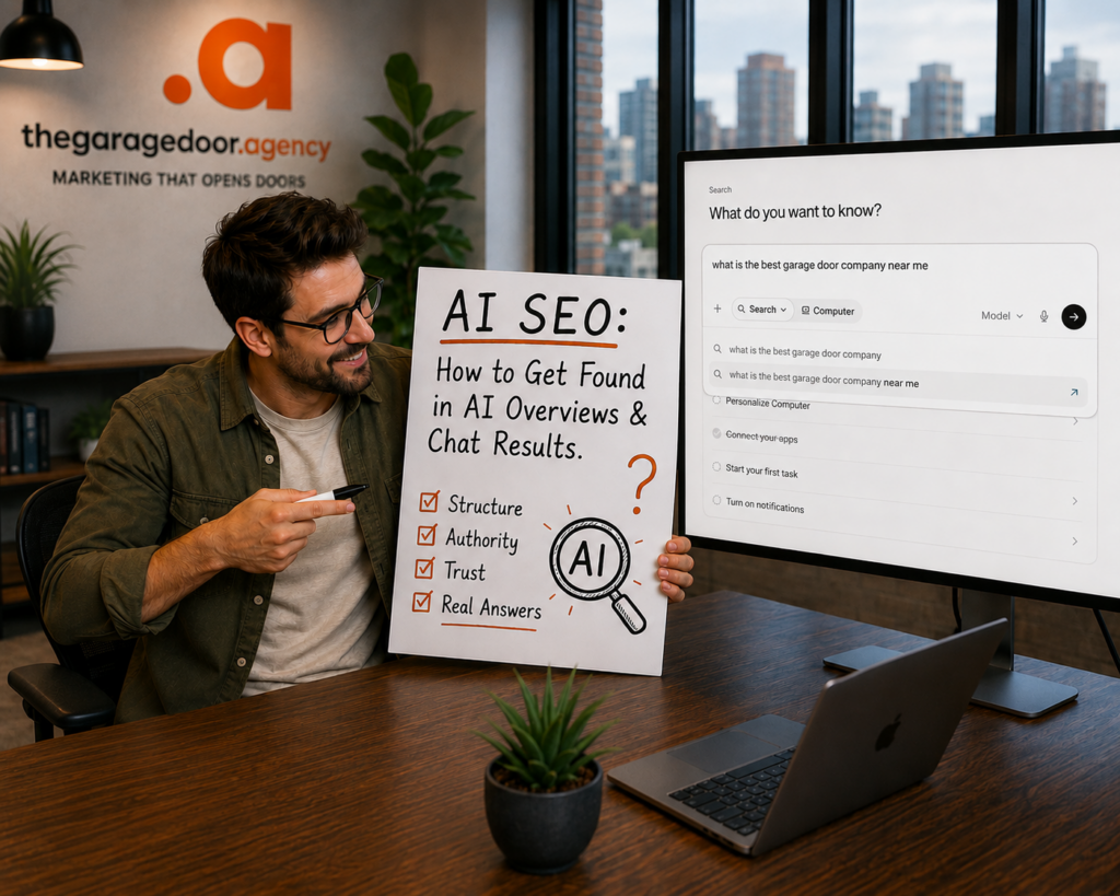 A marketer holding an AI SEO sign next to a monitor showing an AI search for the best garage door company near me