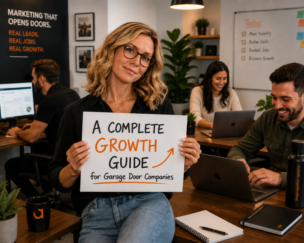 A marketing team in a modern office holding a complete growth guide sign for garage door companies