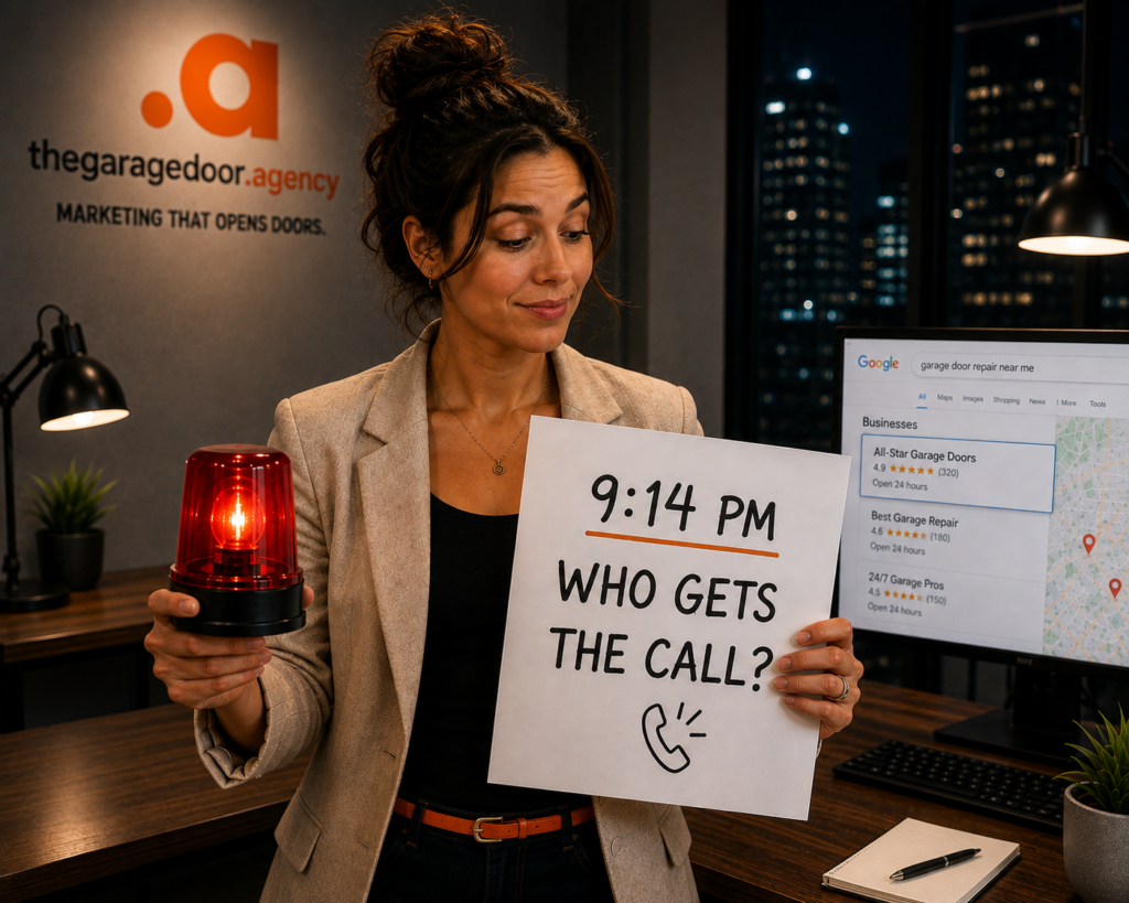 A marketer at night holding an emergency light and a sign reading 9:14 PM who gets the call, next to a Google search for garage door repair near me