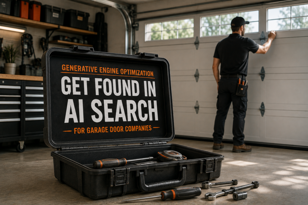 A tool case reading Generative Engine Optimization: Get Found in AI Search for garage door companies, with a technician working on a garage door
