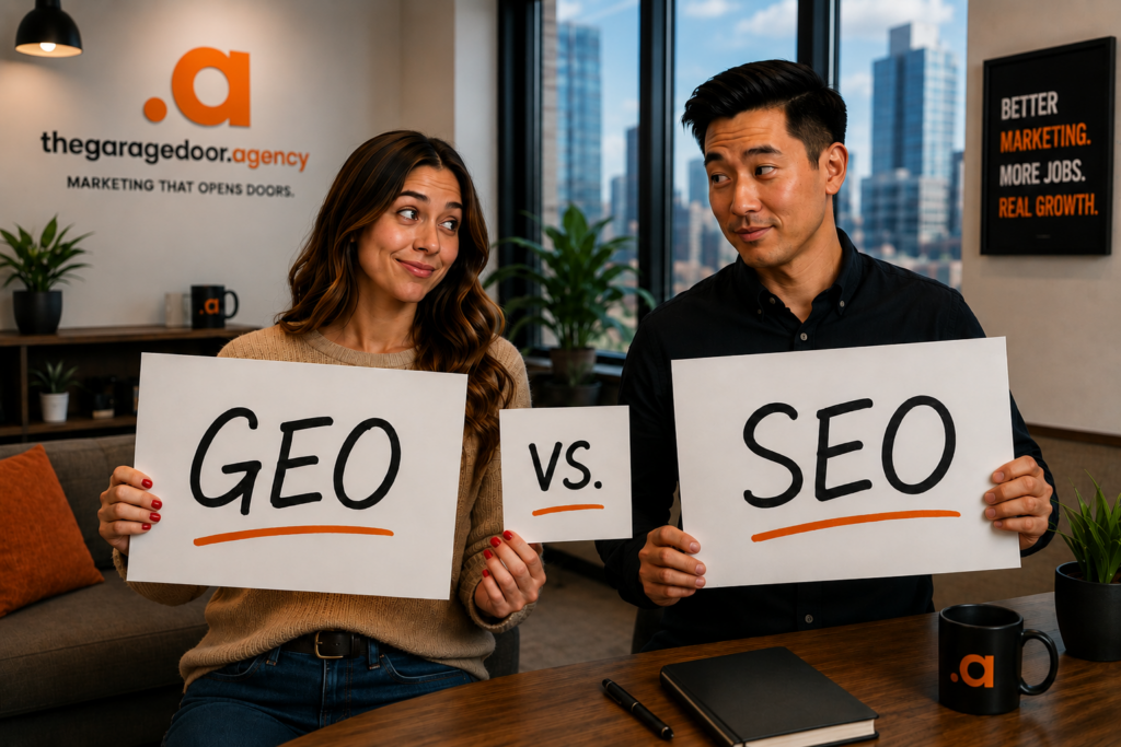 Two marketers in a modern office holding GEO versus SEO signs for garage door companies