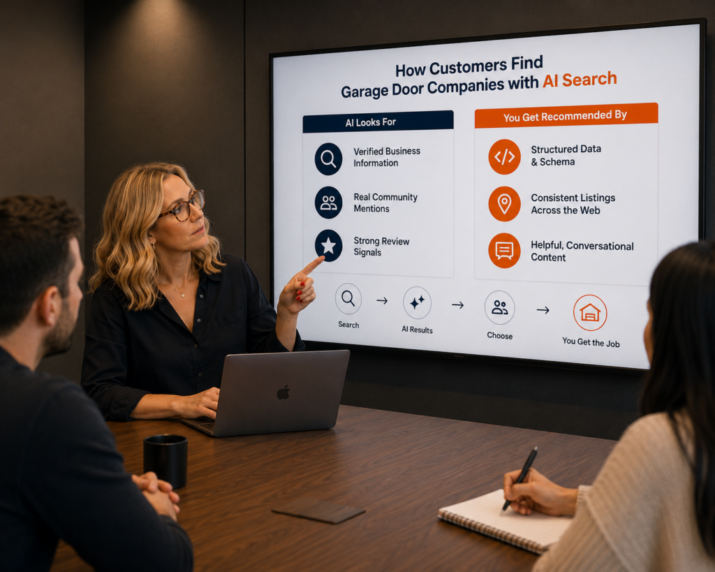 A presenter showing how customers find garage door companies with AI search, what AI looks for and how to get recommended