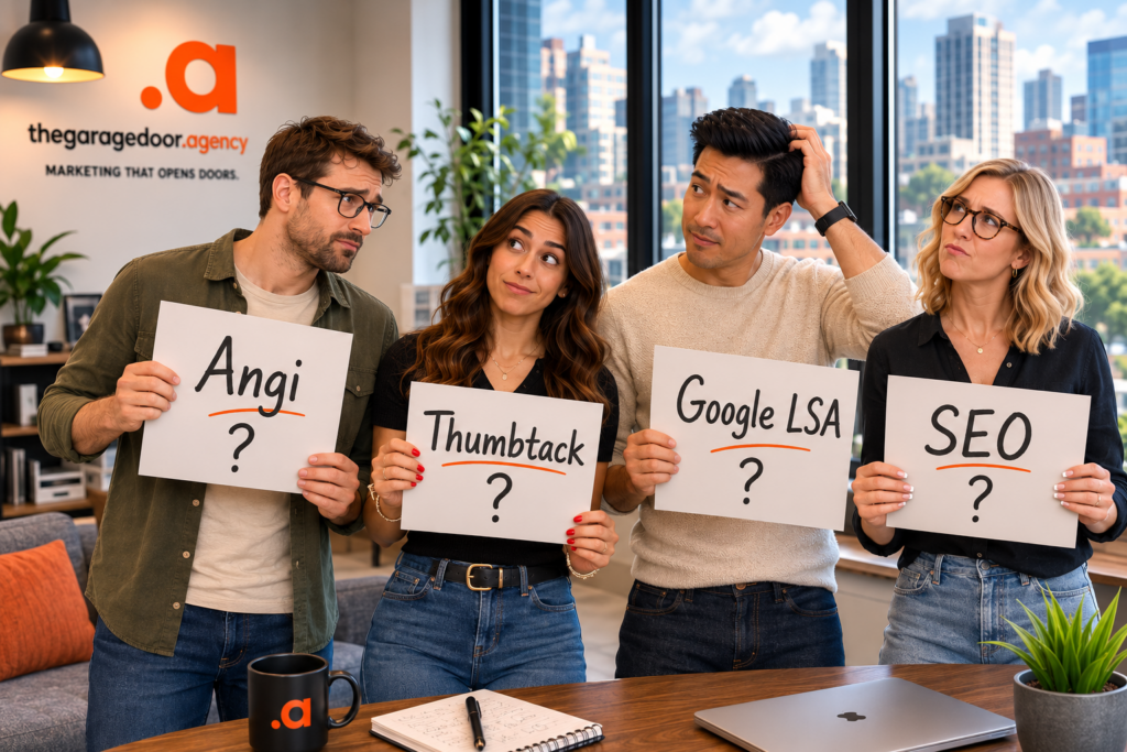 Four marketers holding signs for Angi, Thumbtack, Google LSA, and SEO, deciding which lead source is best for garage door companies