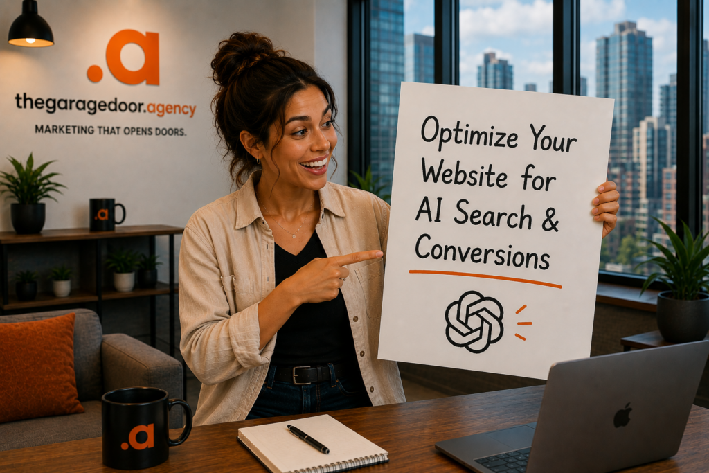 A marketer pointing to a sign that reads Optimize Your Website for AI Search and Conversions, with the ChatGPT logo