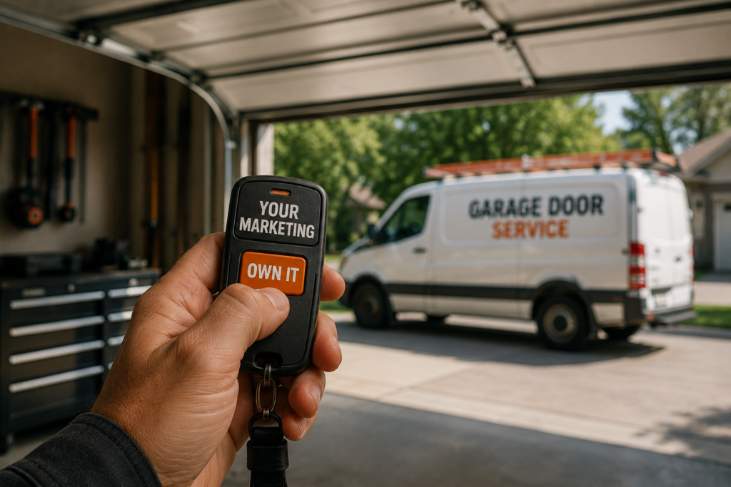 A hand holding a garage door remote with an Own It button labeled Your Marketing, in front of a garage door service van